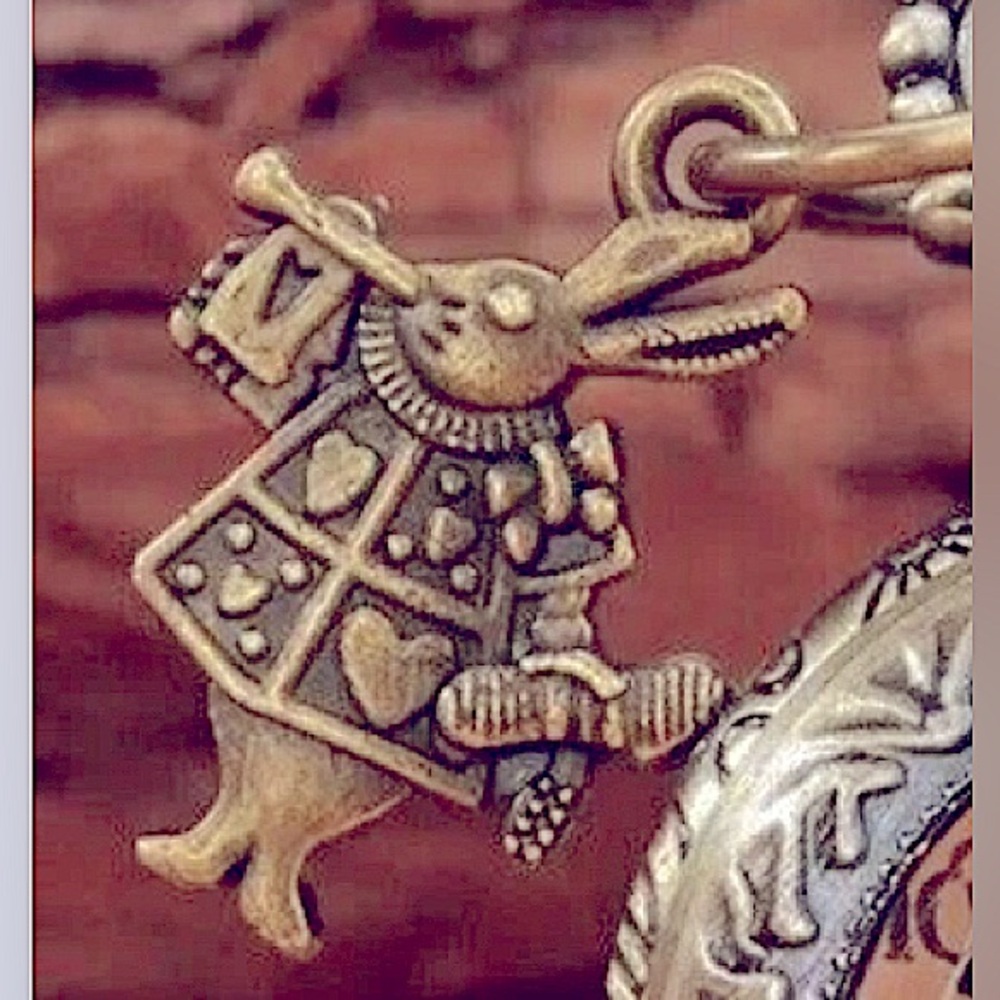 Alice in Wonderland rabbit charm: bunny w/trumpet tiny silver Vtg for necklace